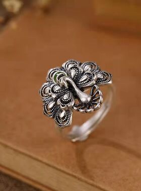 银复古女款戒指活口个性防天然和田碧玉优雅凤凰指环可调节手饰