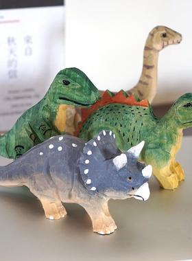 恐龙手工木雕小摆件霸王龙腕龙三角龙剑龙木质雕刻公仔桌面装饰品