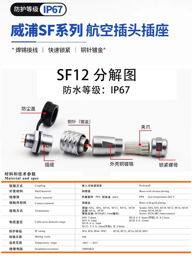 威浦SF12航空插头插座SF122芯3芯4芯5芯6芯7芯9芯防水工业连接器 - 图0