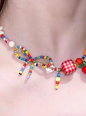 彩色夏季小清新苹果串珠项链女ins高级感小众设计锁骨链生日礼物