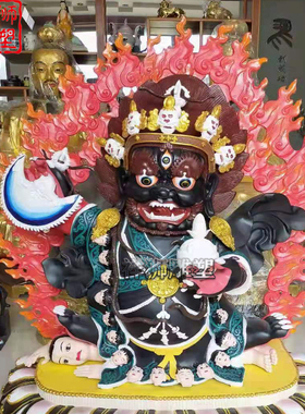 祥狮雕塑彩绘黑袍金刚护法佛像