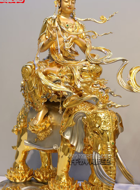 文殊普贤菩萨佛像黄铜鎏金摆件