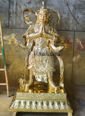 纯铜彩绘韦陀菩萨佛像摆件定制掌