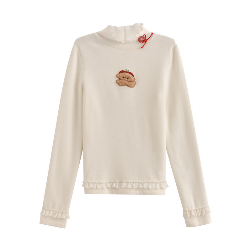 森女部落甜美苹果小狗刺绣长袖T恤女半高领叠穿百搭德绒打底上衣,淘宝优惠券,粉丝福利购,淘宝优惠卷