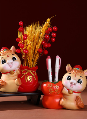 卡通可爱国潮马树脂摆件家居插花办公室桌面装饰笔筒新年年会礼品