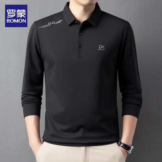 罗蒙无痕长袖polo衫t恤男士秋季商务休闲免烫透气翻领上衣打底衫
