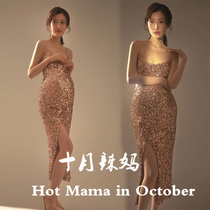 New Pregnant Woman Photo Costumes Big Belly Gestation Mommy Sexy Open Fork Sequa Dresses Luxury Gown Movie to Write True clothes