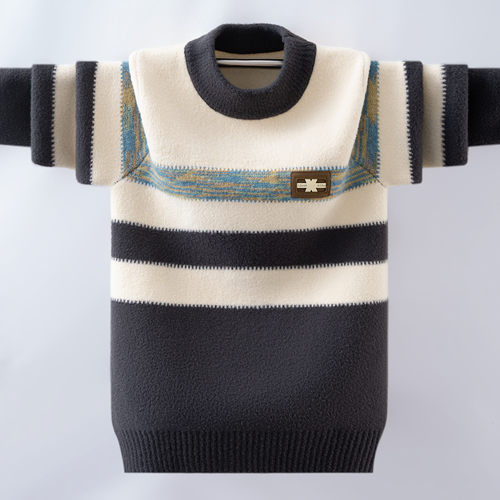 中大童毛衣男童冬季加厚针织衫男孩条纹2025冬装新款加绒保暖衣 - 图2