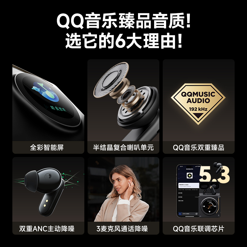 QQ音乐双重臻品认证2024新款全彩智能屏ANC主动降噪无线蓝牙耳机