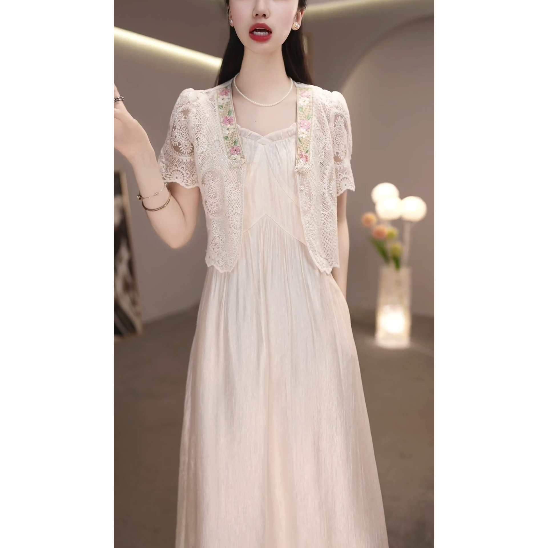 复古新中式显瘦宽松套装女2025夏新款时尚设计感吊带连衣裙两件套 - 图1