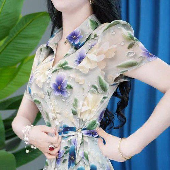 时尚短袖连衣裙女2025年夏季新款气质收腰显瘦中长款印花休闲裙子,淘宝优惠券,粉丝福利购,淘宝优惠卷