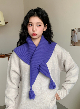 日韩系蓝色针织围巾女秋冬保暖三角巾百搭氛围感流苏披肩加厚围脖