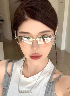 Y2K无框镶钻太阳眼镜女欧美风千禧辣妹街拍抗UV大框显瘦ins网红镜