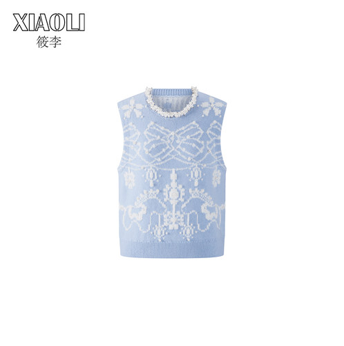 【XIAOLI筱李】复古浪漫风蓝色费尔岛针织印花仿珍珠背心25秋新品 - 图3