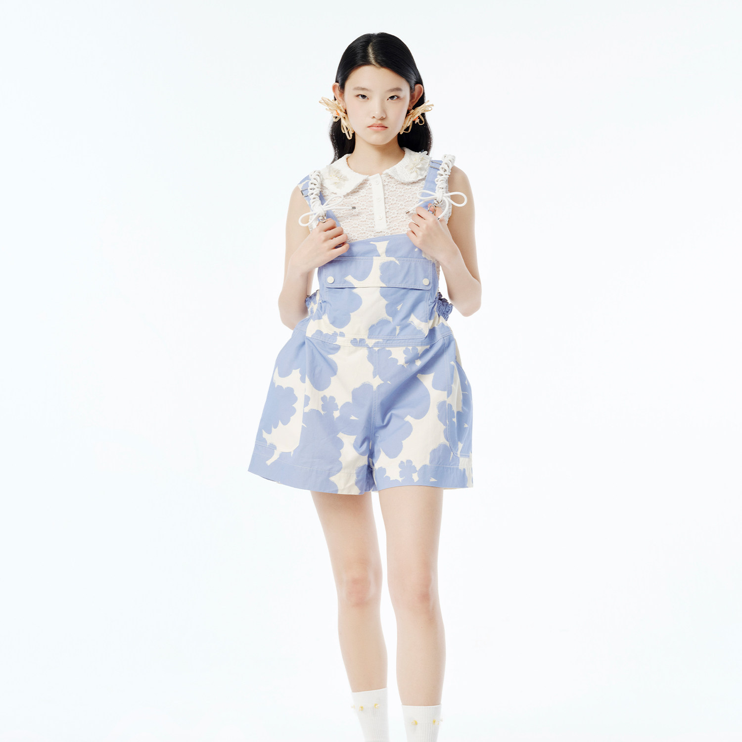 【设计师品牌XIAOLI筱李】硅胶肩带蓝白背带裤短款宽松连体裤减龄 - 图1