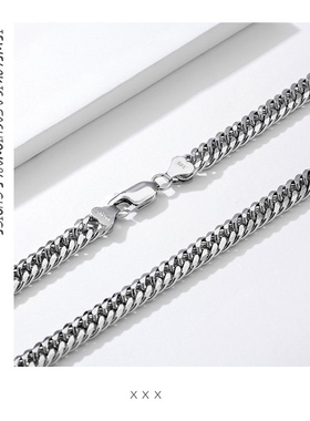 s925银项链男士银链双扣嘻哈个性饰品侧身链银古巴项链男