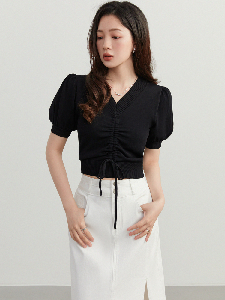 V领抽绳上衣微胖MM百搭针织衫