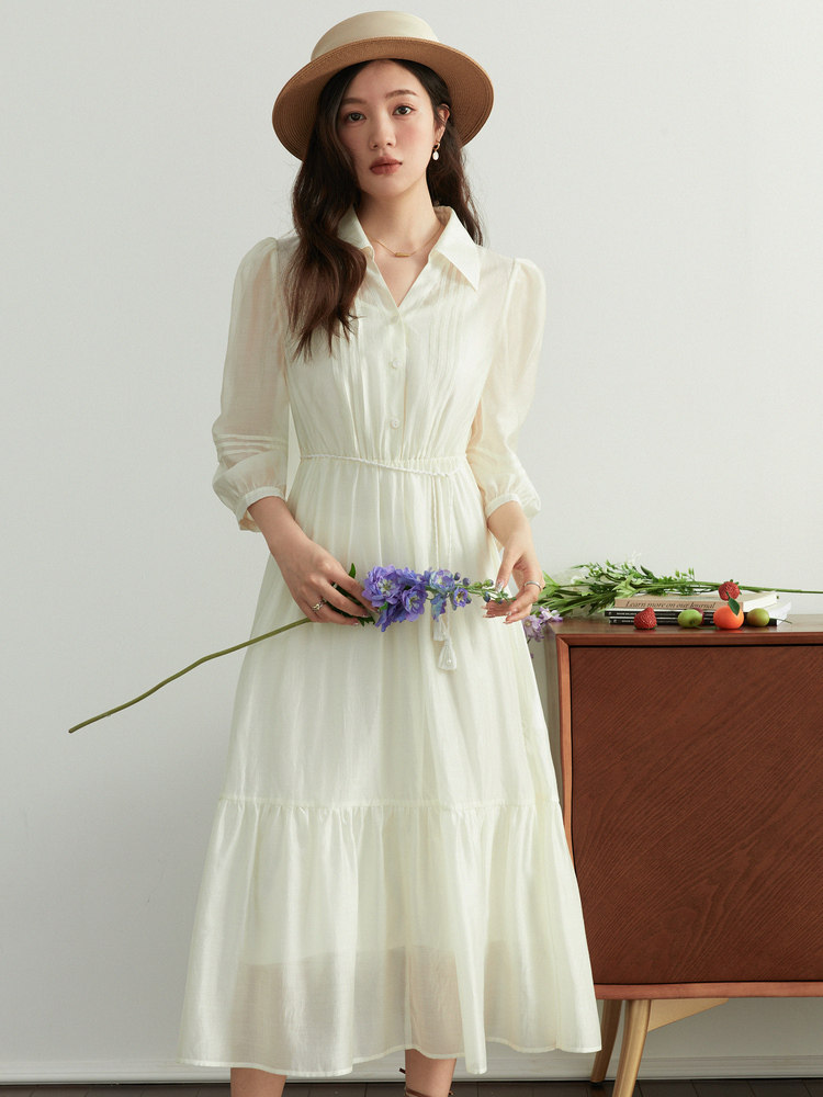 法式V领微胖MM衬衫连衣裙