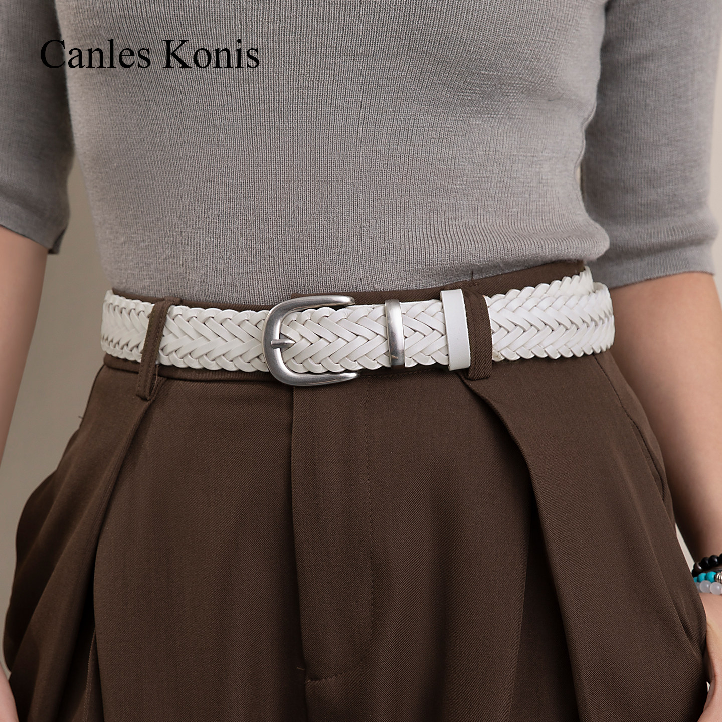 官网CanlesKonis白色真皮编织腰带女装饰女士皮带女款配牛仔裤潮