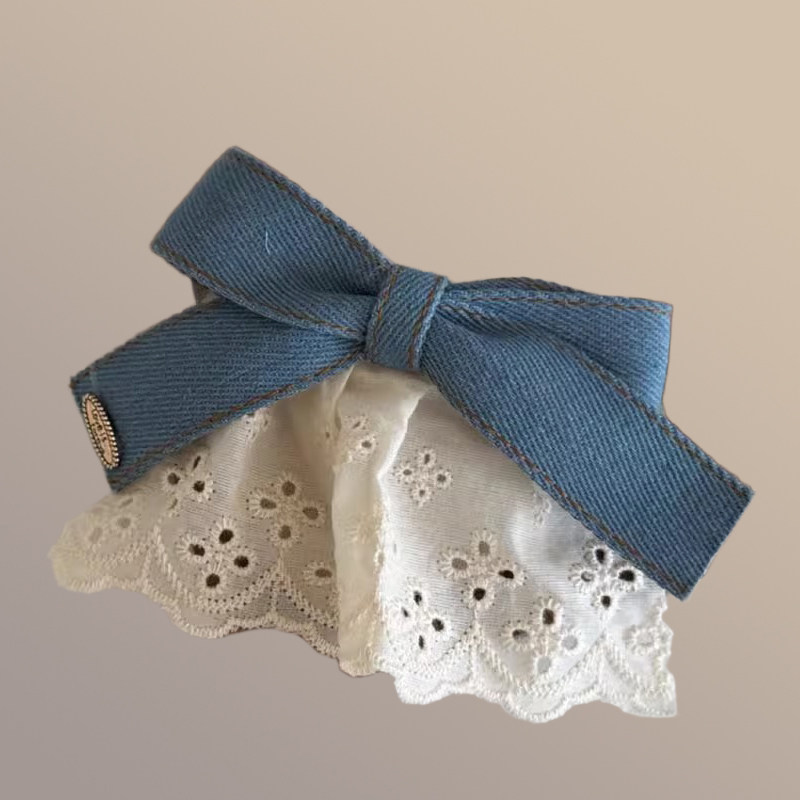 韩系文艺蓝色牛仔蝴蝶结蕾丝发夹女高级感可爱发卡夹子头饰弹簧夹,淘宝优惠券,粉丝福利购,淘宝优惠卷