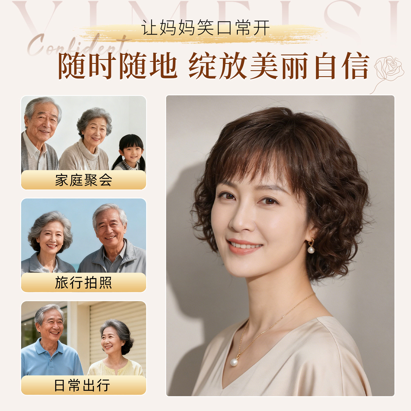 短发假发全头套女真人发丝中老年女妈妈自然真发减龄羊毛卷发