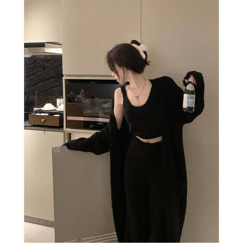 慵懒温柔风中长款软糯外套女港味宽松减龄毛绒性感上衣三件套装潮,淘宝优惠券,粉丝福利购,淘宝优惠卷