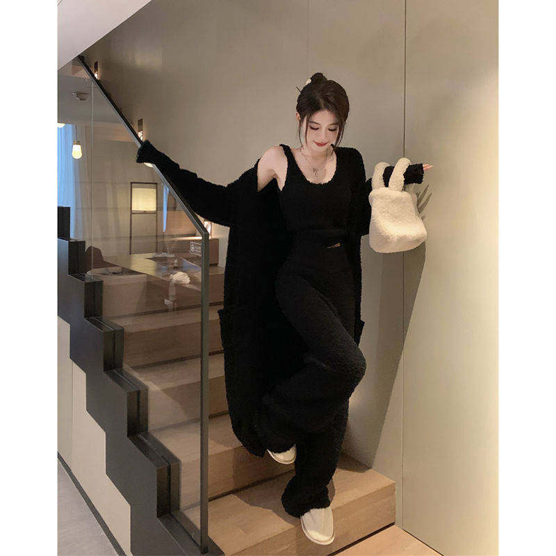 慵懒温柔风中长款软糯外套女港味宽松减龄毛绒性感上衣三件套装潮,淘宝优惠券,粉丝福利购,淘宝优惠卷