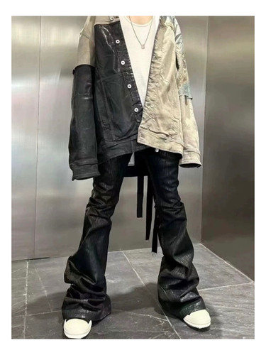 暗黑RO风格23ss小众暗黑刷蜡涂层高弹飘带牛仔裤阔腿微喇叭裤潮男 - 图0