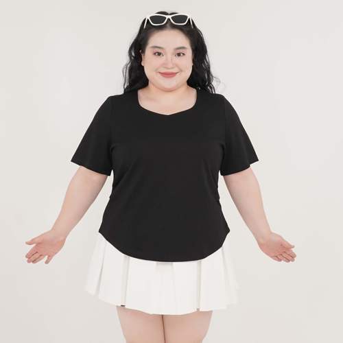 福饮沸别【桃领甜心】大码胖mm2025年新款显瘦桃心领T恤2133 - 图0