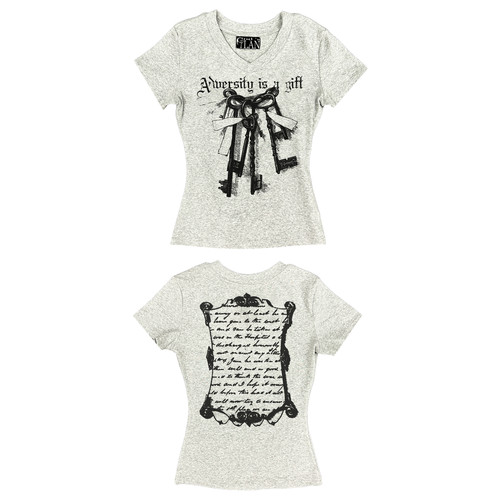 Gods plan*上帝计划25ss原创暗黑小众V领印花修身收腰辣妹短袖女 - 图0