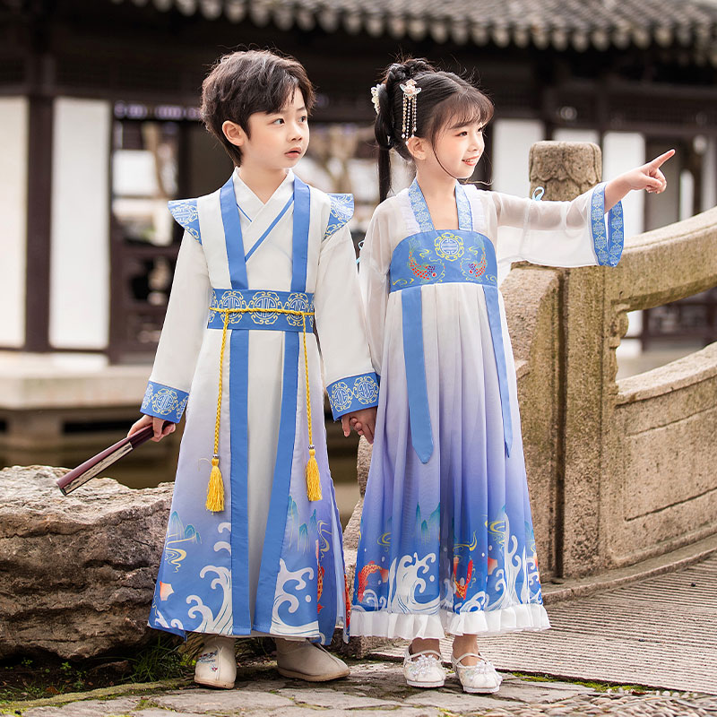 汉服女童夏季男童儿童古装国学服中国风套装小女孩超仙唐装演出服 - 图2