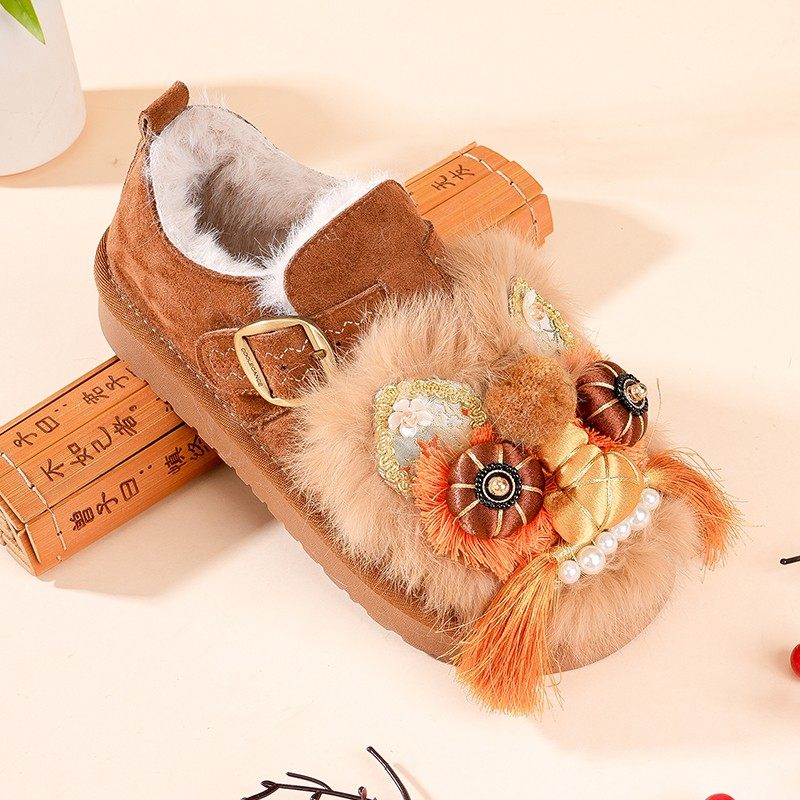 舒适百搭民族风勃肯流苏虎头加绒棉鞋女手工传统布鞋圆头低跟国潮,淘宝优惠券,粉丝福利购,淘宝优惠卷