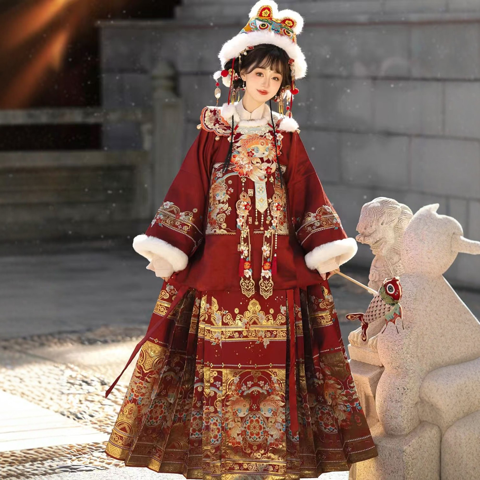 原创汉服【锦鲤】明制加绒短袄织金妆花马面裙红色拜年服套装冬款,淘宝优惠券,粉丝福利购,淘宝优惠卷