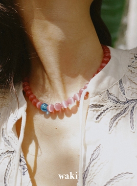 waki 大溪地Tahiti /可爱岛Kauai 猫眼石度假感粉蓝手工串珠项链