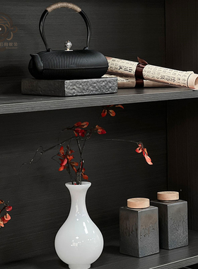 样板间新中式书柜搭配摆件装饰博古架软装柜子陈列书房太湖石茶壶