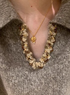 法国coopkoops925银拉丝龟背竹项链秋冬精致高级感点钻毛衣链