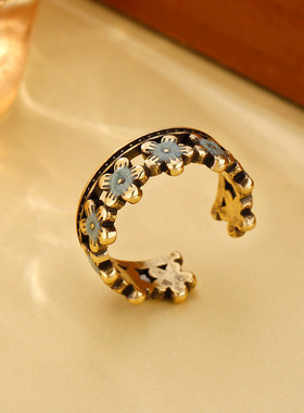 法国CoopKoop新款中古滴釉花朵戒指女时尚个性高级感古着开口