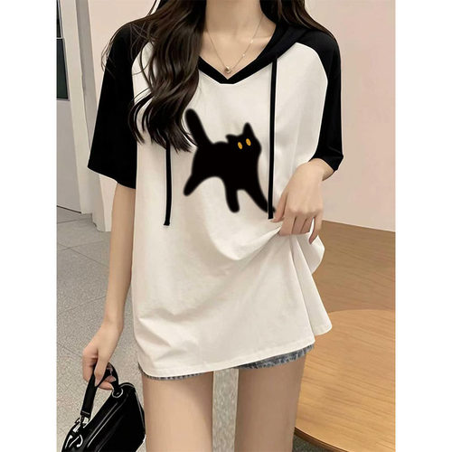 黑插白短袖t恤女夏薄款设计感百搭欧货大码胖mm遮肉宽松连帽上衣 - 图2