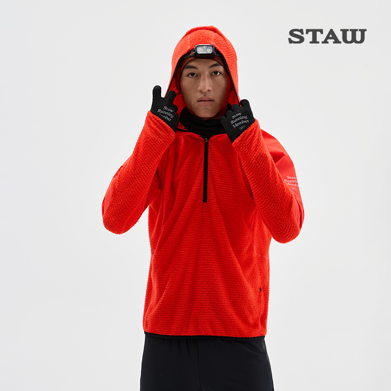 STAW世拓越野连帽抓绒长袖T恤秋冬保暖透气加绒跑步运动P绒速干衣 - 图0