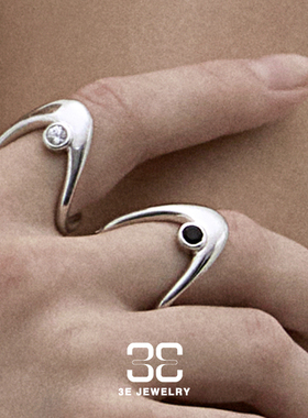 3E JEWELRY 曲线单颗锆石戒指黑色白色个性百搭修长手指