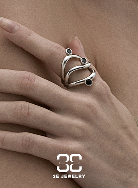 3E JEWELRY 曲线扭转三层戒指黑白锆石个性时尚礼物