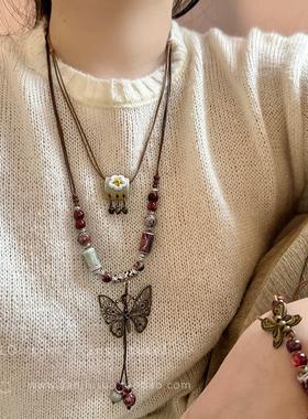 波西米亚异域民族风蝴蝶项链女新中式复古长款吊坠毛衣链挂脖配饰