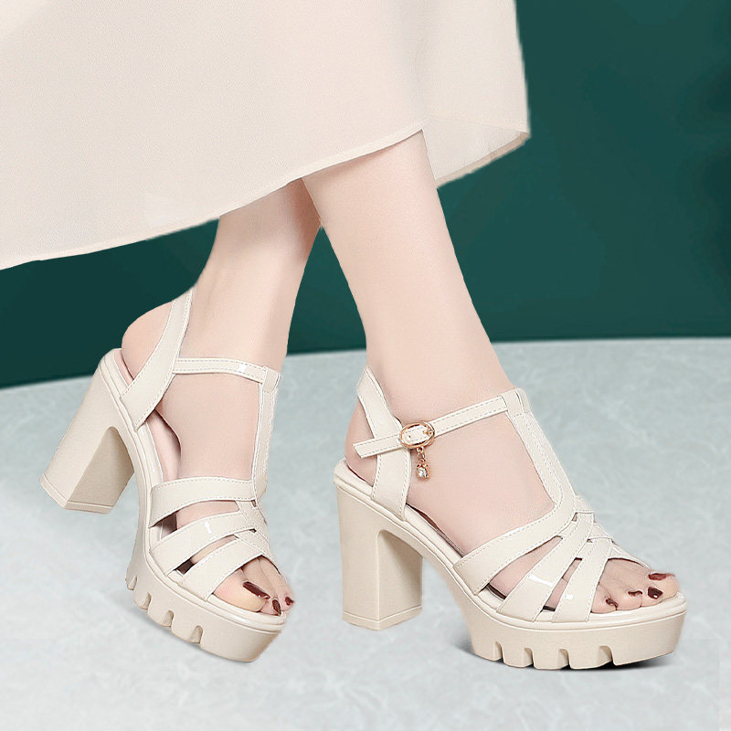 粗跟厚底女士夏季真皮凉鞋旗袍走秀女鞋舒适中年妈妈鞋圆头高跟鞋,淘宝优惠券,粉丝福利购,淘宝优惠卷