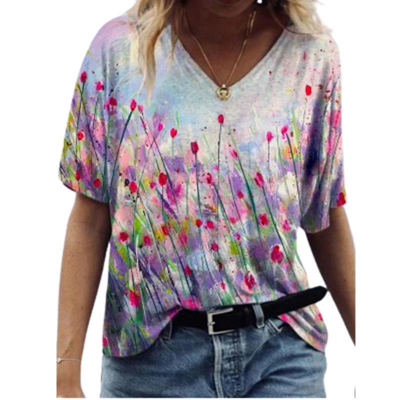 Top Women's 3D Floral Print T-shirt上衣女式风景3D花卉印花T恤-图0