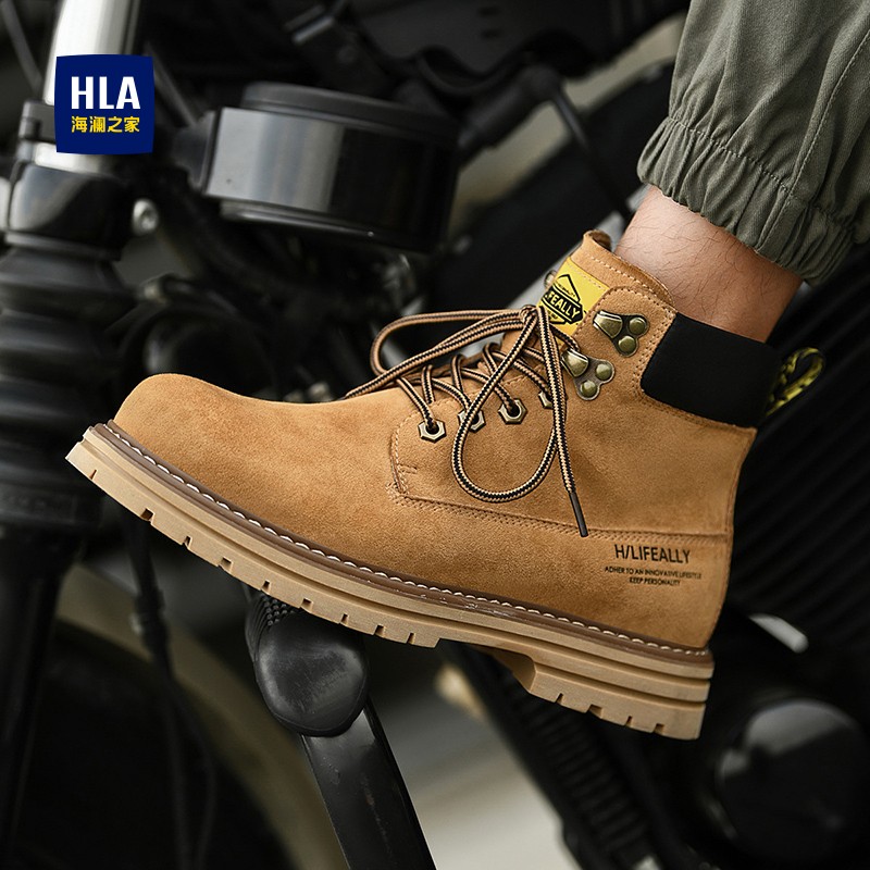 海澜之家男鞋马丁靴真皮秋季潮流休闲工装大黄靴高帮靴子时尚短靴 - 图0