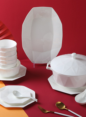 北欧碗碟套装 创意八角轻奢骨瓷餐具套装家用送礼景德镇碗盘组合