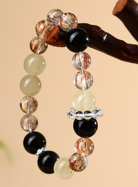 跨境批发天然水晶黑金超银曜石金发晶手链时尚原创男女款手串