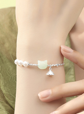 跨境闽粤天然和田玉猫咪手链女新中式碎银子手串小众设计高级