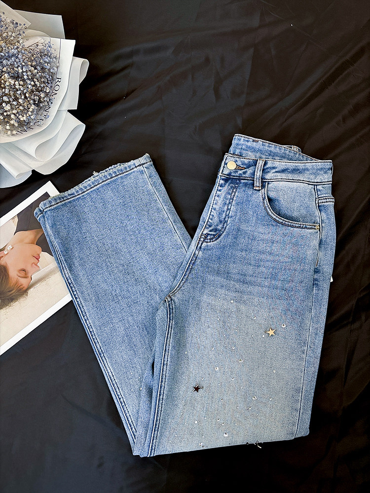 设计感重工满天星烫钻直筒牛仔裤女春秋新款复古高腰宽松阔腿长裤,淘宝优惠券,粉丝福利购,淘宝优惠卷