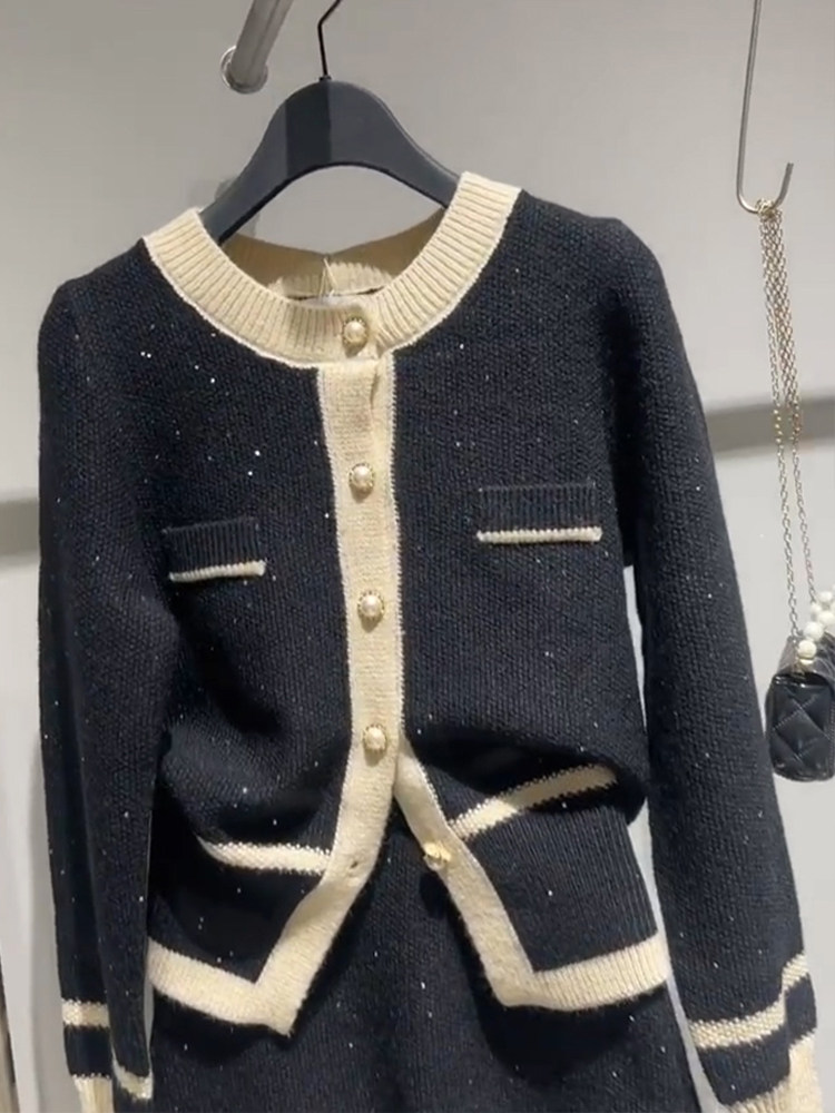 小香风套装女2025新款秋季小个子名媛千金撞色针织开衫两件套装裙,淘宝优惠券,粉丝福利购,淘宝优惠卷